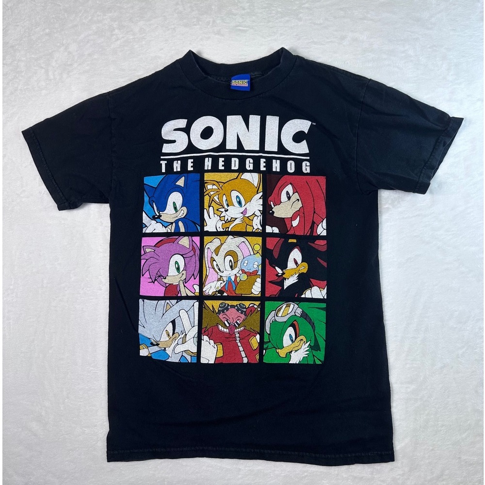 Sonic The Hedgehog Character Grid Black Graphic T-Shirt SEGA Mens Small